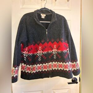 Talbots Women’s Nordic Charcoal and Red Zip-Up Sweater